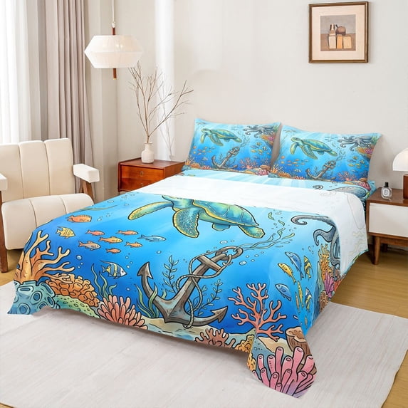 spefrowx Cartoon Undersea Turtle Queen Sheets for Boys, Coral Octopus Anchor Fish Queen Sheet Sets, 4pcs, 1 Flat Sheet, 1 Fitted Sheet and 2 Pillowcases