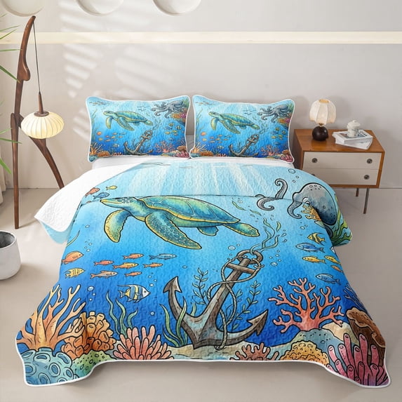 spefrowx Cartoon Undersea Turtle Twin Quilt Set for Boys, Coral Octopus Anchor Fish Twin Coverlet Set, 2pcs