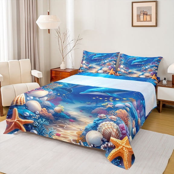 spefrowx Cartoon Underwater Dolphin Queen Sheets for Kids, Blue Coral Seashell Starfish Queen Sheet Sets, 4 Pieces, 1 Flat Sheet, 1 Fitted Sheet and 2 Pillowcases