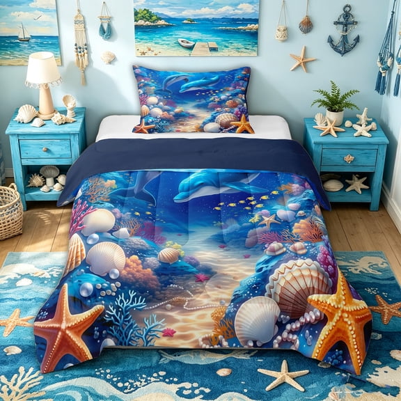 spefrowx Cartoon Underwater Dolphin Twin Comforter Sets for Kids, Blue Coral Seashell Starfish Bedding Set, Navy Reversible, 2 Pieces, 1 Comforter and 1 Pillowcase
