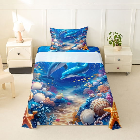 spefrowx Cartoon Underwater Dolphin Twin Sheets for Kids, Blue Coral Seashell Starfish Bedding, 3 Pieces, 1 Flat Sheet, 1 Fitted Sheet and 1 Pillowcase