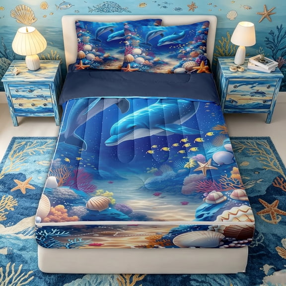 spefrowx Cartoon Underwater Dolphin Zipper Twin Comforter Sets with Fitted Sheet and 2 Pillowcases for Kids, Blue Coral Seashell Starfish Zipper Bedding Set, Navy Reversible, 4 Pieces