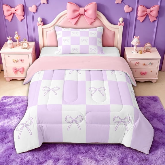 spefrowx Checkerboard Bowknot Twin Comforter Sets, Purple Minimalist Plaid Bedding Set, Pink Reversible, 2 Pieces, 1 Comforter and 1 Pillowcase