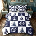 thumbnail image 1 of spefrowx Checkered Block Nautical Lighthouse Twin Bedding for Kids, Navy Grid Sailboat Anchor Bedding Comforter Set, Gray Reversible, 7pcs, 1 of 6