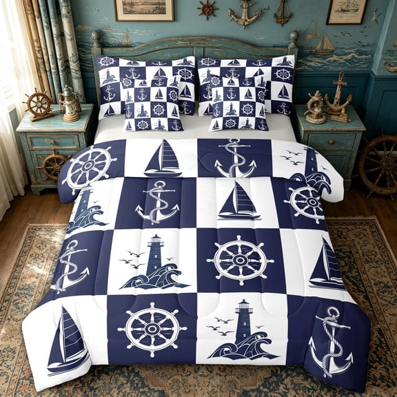 spefrowx Checkered Block Nautical Lighthouse Twin Bedding for Kids, Navy Grid Sailboat Anchor Bedding Comforter Set, Gray Reversible, 7pcs