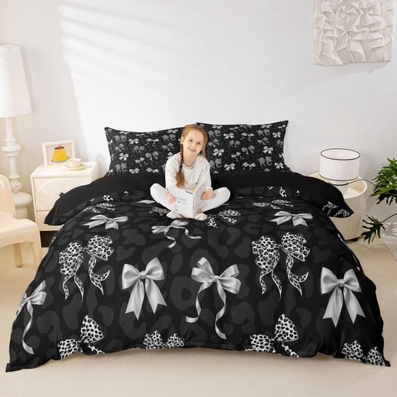spefrowx Cheetah Print Bow Duvet Cover Queen for Women, Sliver Cartoon Bowknot Queen Bedding, Black Reversible, 3pcs, 1 Duvet Cover and 2 Pillowcases
