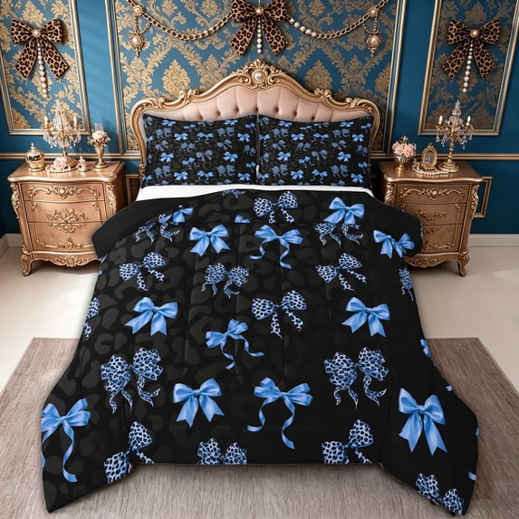 spefrowx Cheetah Print Bow Queen Comforter Set for Women, Black Blue Cartoon Bowknot Comforter Sets Queen, Black Reversible, 3 Pieces, 1 Comforter and 2 Pillowcases