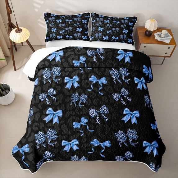 spefrowx Cheetah Print Bow Quilt Full for Women, Black Blue Cartoon Bowknot Full Bedspread Sets, 3 Pieces