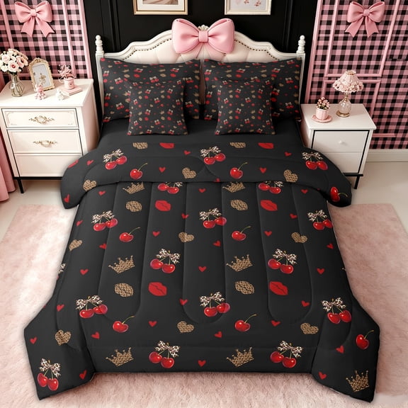 spefrowx Cherry Leopard Print Bow Twin Bedding for Teens, Cartoon Princess Crown Bedding Comforter Set, Black Reversible, 7-Piece