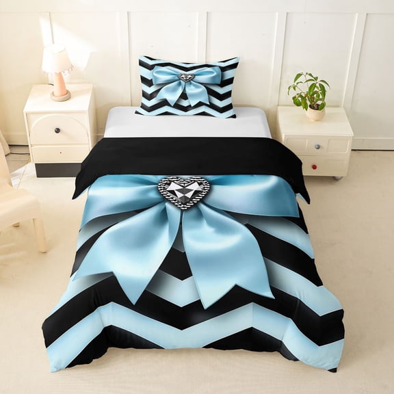 spefrowx Chic Blue Bow Twin Duvet Cover for Teens, Black Simple Zebra Heart Print Twin Bedding, Black Reversible, 2 Pieces, 1 Duvet Cover and 1 Pillowcase