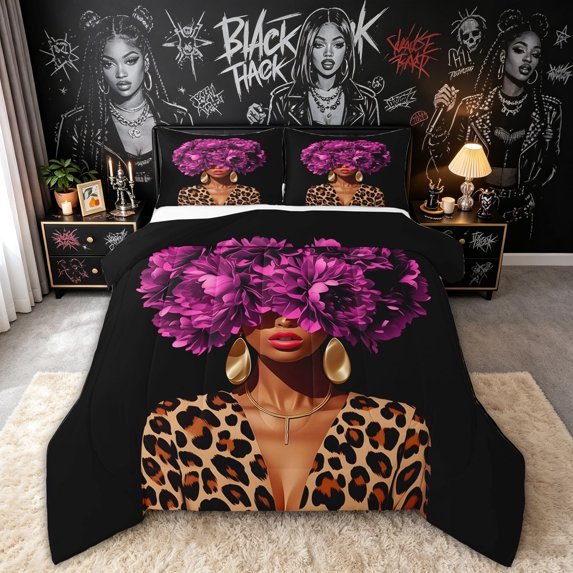 spefrowx Chic Peony Black Woman Full Size Comforter Sets for Girl, Modern Leopard Print Art Bedding Comforter Set, Black Reversible, 3-Piece, 1 Comforter and 2 Pillowcases