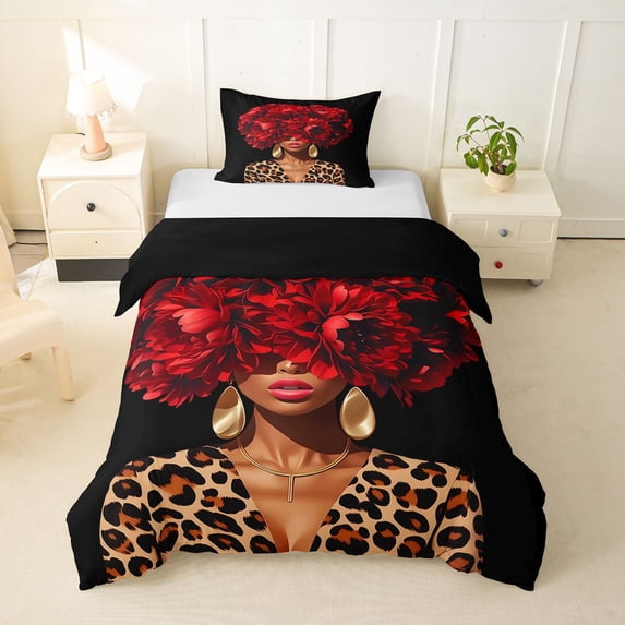 spefrowx Chic Red Peony Girl Twin Duvet Cover for Teens, Cheetah Animal Print Twin Bedding, Black Reversible, 2 Pieces, 1 Duvet Cover and 1 Pillowcase