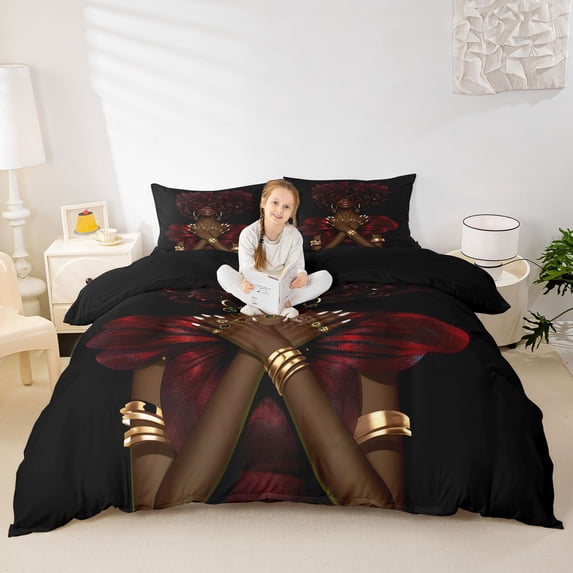 spefrowx Chic Rose Woman Bedding for Teens, Fashion Red Dress Girl Duvet Cover Full, Black Reversible, 3 Pieces, 1 Duvet Cover and 2 Pillowcases
