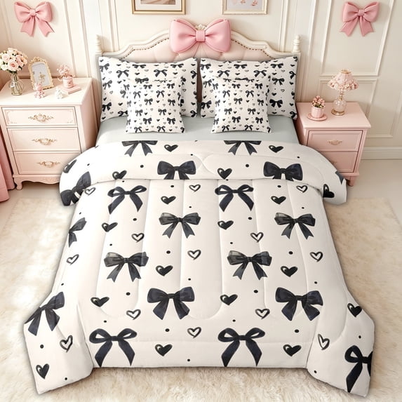 spefrowx Cool Black Bow King Bedding for Girls, Beige Heart Polka Dot King Bed in a Bag, Gray Reversible, 7-Piece