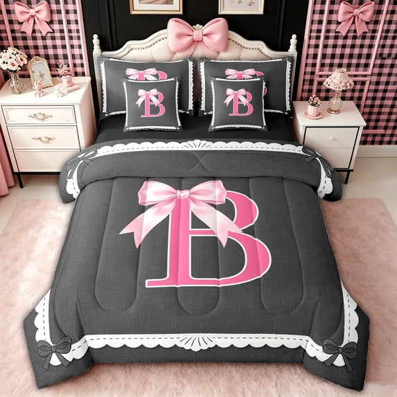 spefrowx Coquette B Letter Bow King Bedding, Black Pink Cartoon Ribbon King Bed in a Bag, Black Reversible, 7pcs
