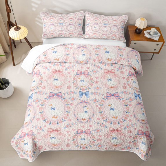 spefrowx Coquette Duck Animal Quilt King for Girls, Vintage Pink Floral Bow King Coverlet Set, 3 Pieces