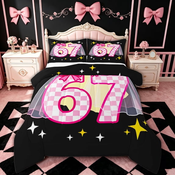 spefrowx Coquette Number 67 Queen Comforter Set for Girls, Pink Checker Bow Star Comforter Sets Queen, Black Reversible, 3pcs, 1 Comforter and 2 Pillowcases