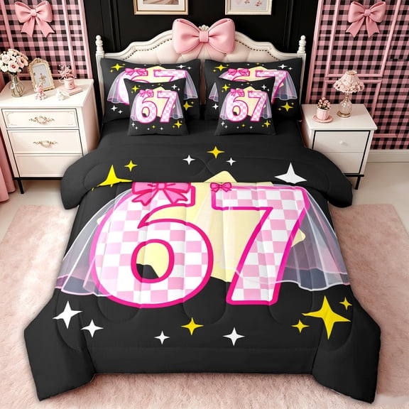 spefrowx Coquette Number 67 Twin Bedding for Girls, Pink Checker Bow Star Bedding Comforter Set, Black Reversible, 7pcs