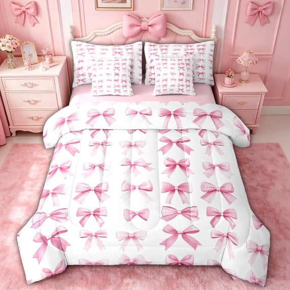 spefrowx Coquette Pink Bow King Bedding for Teens, Cartoon Princess Style King Bed in a Bag, Pink Reversible, 7pcs