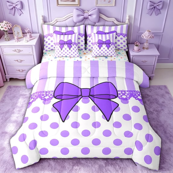 spefrowx Coquette Purple Bow Full Size Bedding Sets for Girls, Cartoon Polka Dot Stripe Full Size Bed in a Bag, Stars Reversible, 7-Piece
