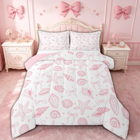 spefrowx Coquette Seashell Print Full Size Comforter Sets for Teens, Pink Bow Starfish Bedding Comforter Set, Pink Reversible, 3 Pieces, 1 Comforter and 2 Pillowcases