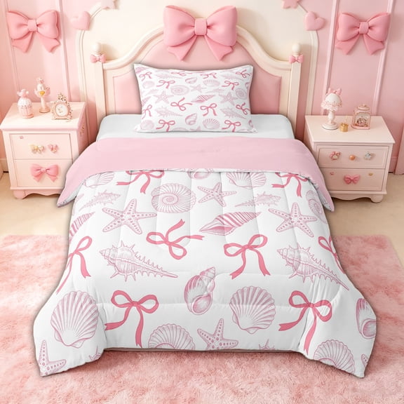 spefrowx Coquette Seashell Print Twin Comforter Sets, Pink Bow Starfish Bedding Set, Pink Reversible, 2 Pieces, 1 Comforter and 1 Pillowcase