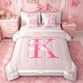thumbnail image 1 of spefrowx Coquette Style Letter K Bow Print King Bedding, Vintage Princess Ribbon King Bed in a Bag, Pink Reversible, 7-Piece, 1 of 6