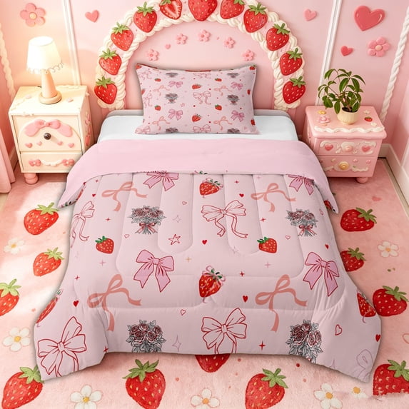 spefrowx Coquette Style Strawberry Print Twin Comforter Sets for Girls, Pink Bow Flower Bedding Set, Pink Reversible, 2-Piece, 1 Comforter and 1 Pillowcase