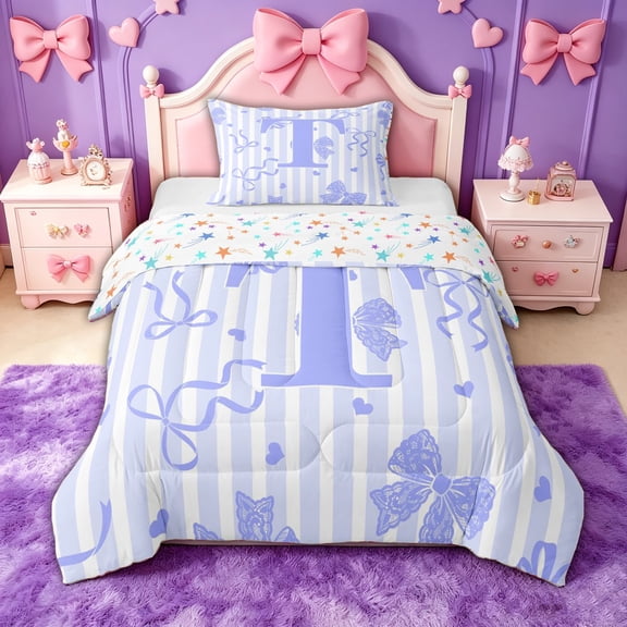 spefrowx Coquette Style T Letter Twin Comforter Sets for Girls, Princess Bow Stripe Bedding Set, Stars Reversible, 2pcs, 1 Comforter and 1 Pillowcase