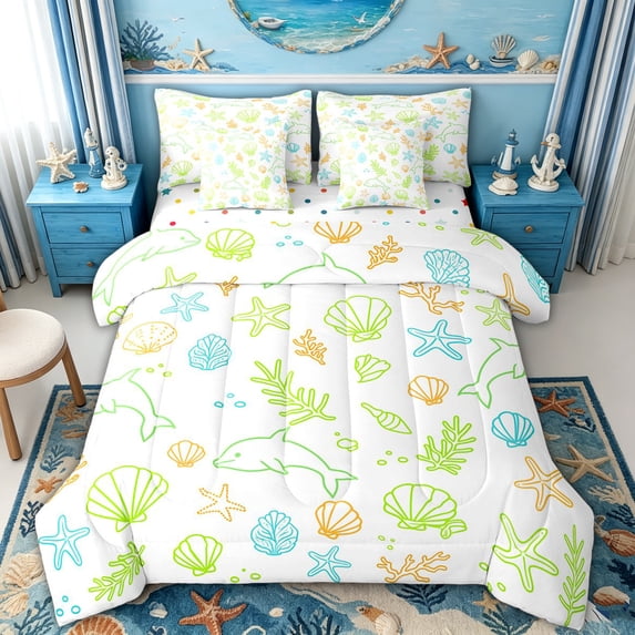 spefrowx Cue Sea Dolphin Queen Bedding for Teens, Lime Seashell Coral Starfish Bedding Comforter Set Queen, Polka Dot Reversible, 7pcs