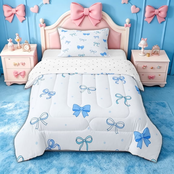 spefrowx Cute Blue Bow Twin Comforter Sets for Kids, Simple Polka Dot Bedding Set, Reversible, 2pcs, 1 Comforter and 1 Pillowcase