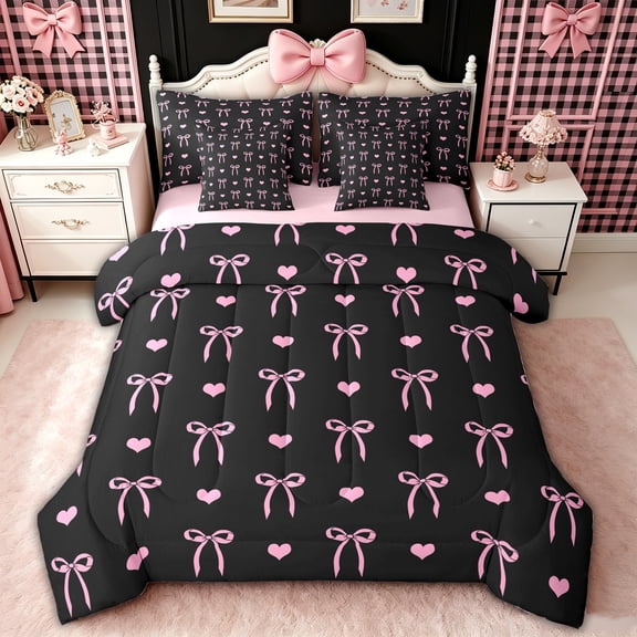 spefrowx Cute Bow Love Heart Twin Bedding for Teens, Black Pink Cartoon Style Bedding Comforter Set, Pink Reversible, 7 Pieces