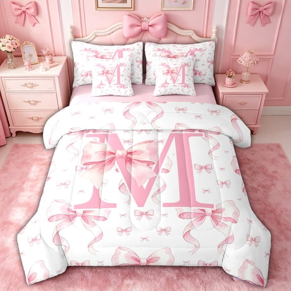 spefrowx Cute Bow Monogrammed Twin Bedding for Kids, Pink Letter M Print Bedding Comforter Set, Pink Reversible, 7-Piece