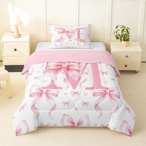 spefrowx Cute Bow Monogrammed Twin Comforter Sets for Kids, Pink Letter M Print Bedding Set, Pink Reversible, 2-Piece, 1 Comforter and 1 Pillowcase