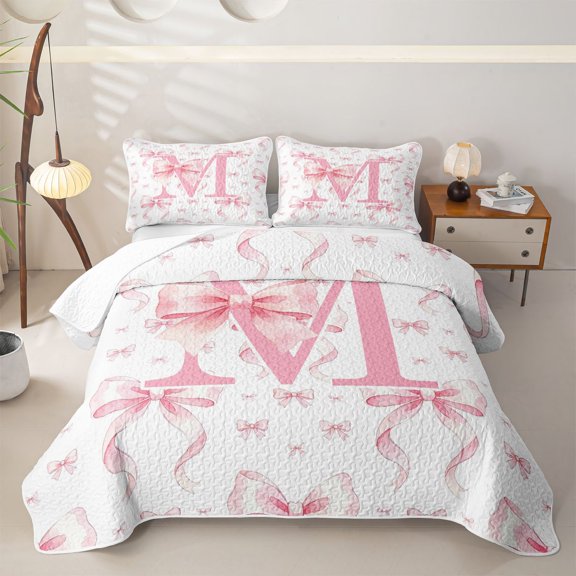 spefrowx Cute Bow Monogrammed Twin Quilt Set for Girls Boys, Pink Letter M Print Twin Coverlet Set, 2-Piece