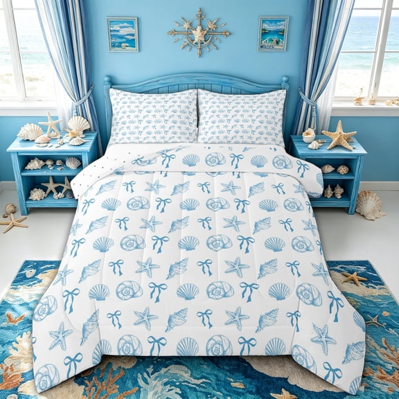 spefrowx Cute Bow Seashell Queen Comforter Set for Kids, Blue Starfish Conch Coastal Comforter Sets Queen, Reversible, 3-Piece, 1 Comforter and 2 Pillowcases