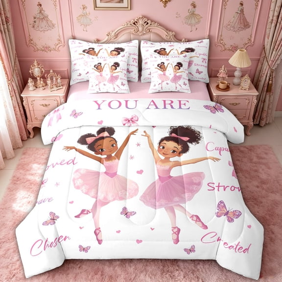 spefrowx Cute Cartoon Ballerinas Twin Bedding for Girls, Blush Pink Phrase Butterfly Bedding Comforter Set, Pink Reversible, 7 Pieces
