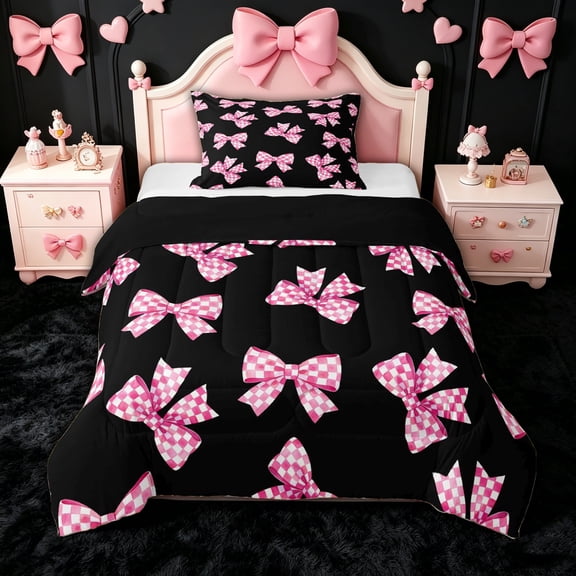 spefrowx Cute Checkered Bow Twin Comforter Sets for Teens, Pink Black Gingham Bedding Set, Black Reversible, 2pcs, 1 Comforter and 1 Pillowcase