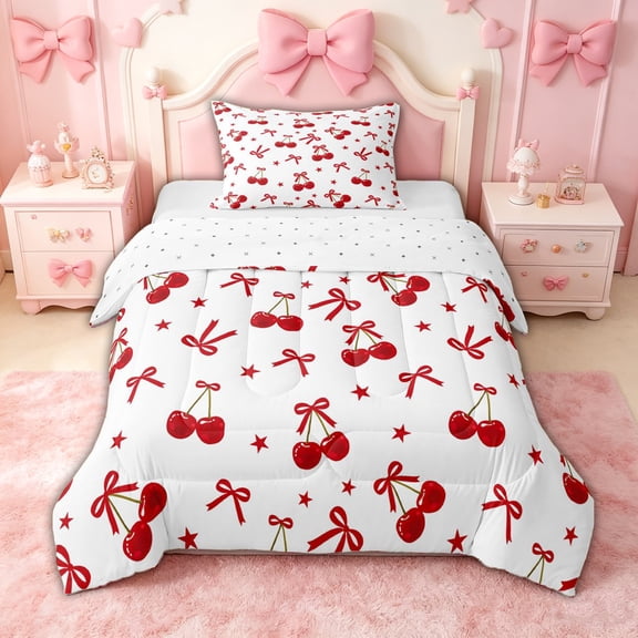 spefrowx Cute Cherry Ribbon Twin Comforter Sets for Girls, Red Bow Star Print Bedding Set, Reversible, 2pcs, 1 Comforter and 1 Pillowcase