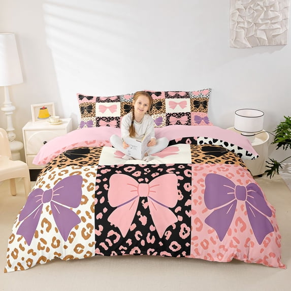 spefrowx Cute Fashion Leopard Print Bow Bedding for Kids, Vintage Patchwork Duvet Cover Full, Pink Reversible, 3pcs, 1 Duvet Cover and 2 Pillowcases