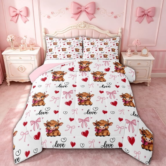spefrowx Cute Highland Cow Print Queen Comforter Set for Girls, Pink Bow Love Heart Comforter Sets Queen, Pink Reversible, 3-Piece, 1 Comforter and 2 Pillowcases