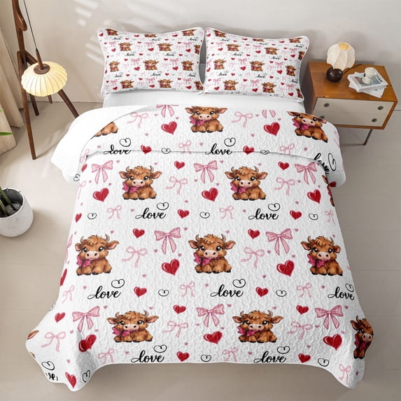 spefrowx Cute Highland Cow Print Quilt King for Girls, Pink Bow Love Heart King Coverlet Set, 3-Piece