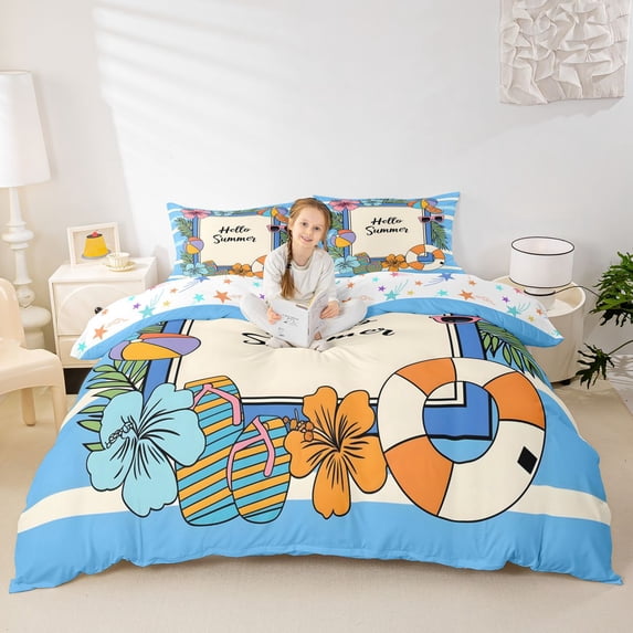 spefrowx Cute Line Art Summer Hibiscus Bedding for Kids GirlS, Striped Beach Ball Duvet Cover Full, Stars Reversible, 3 Pieces, 1 Duvet Cover and 2 Pillowcases