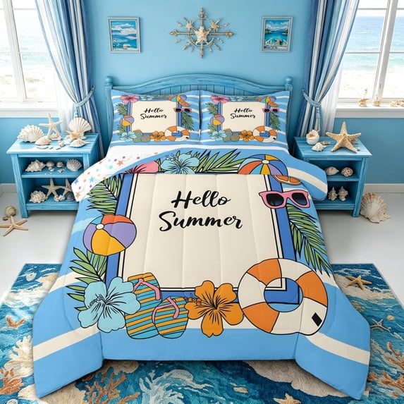 spefrowx Cute Line Art Summer Hibiscus Full Size Comforter Sets for Kids GirlS, Striped Beach Ball Bedding Comforter Set, Stars Reversible, 3 Pieces, 1 Comforter and 2 Pillowcases