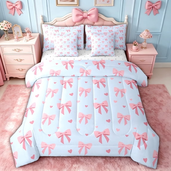 spefrowx Cute Love Heart Bow Full Size Bedding Sets for Kids Girls, Blue Pink Cartoon Full Size Bed in a Bag, Reversible, 7-Piece