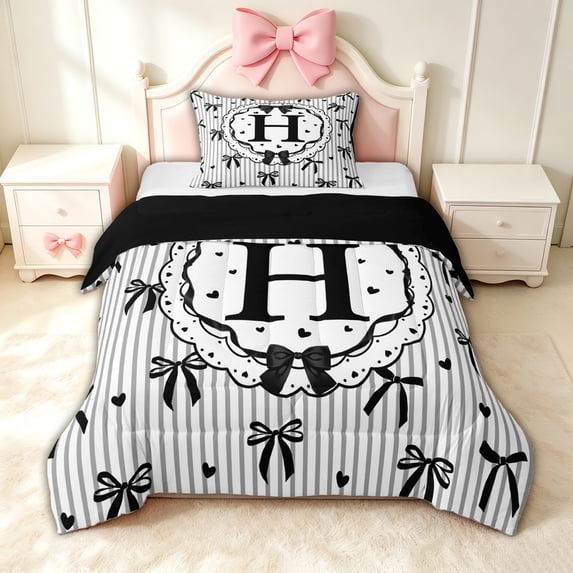 spefrowx Cute Monogram Bow Twin Comforter Sets for Teens, Princess Stripe Love Heart Bedding Set, Black Reversible, 2-Piece, 1 Comforter and 1 Pillowcase