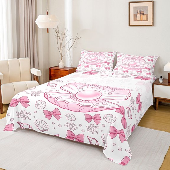 spefrowx Cute Pearl Shell Bed Sheets for Kids, Pink Princess Bow Coral Full Size Sheets, 4 Pieces, 1 Flat Sheet, 1 Fitted Sheet and 2 Pillowcases
