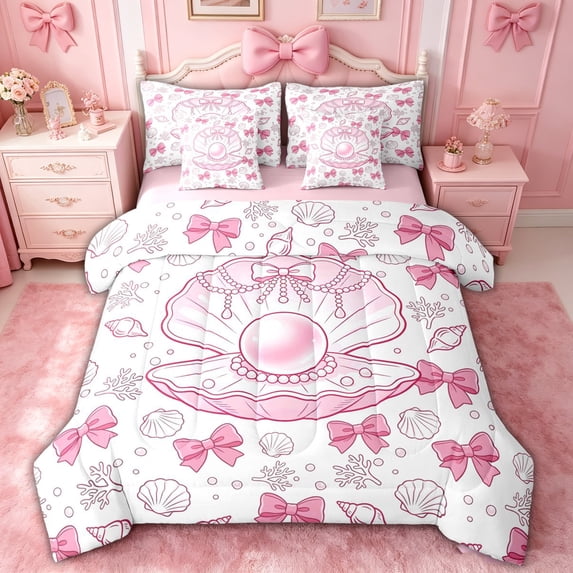spefrowx Cute Pearl Shell Twin Bedding for Kids, Pink Princess Bow Coral Bedding Comforter Set, Pink Reversible, 7 Pieces