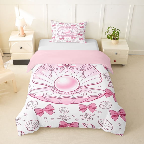 spefrowx Cute Pearl Shell Twin Duvet Cover for Kids, Pink Princess Bow Coral Twin Bedding, Pink Reversible, 2 Pieces, 1 Duvet Cover and 1 Pillowcase