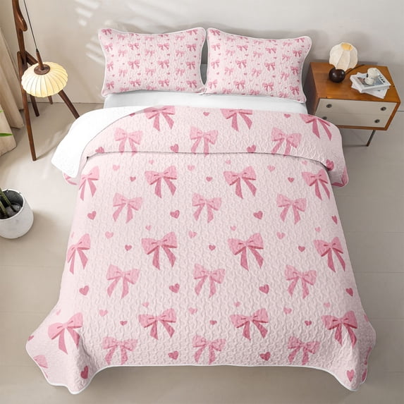 spefrowx Cute Pink Bow Bed Spread Queen for Girls Boys, Pink Cartoon Love Heart Queen Coverlet Set, 3 Pieces